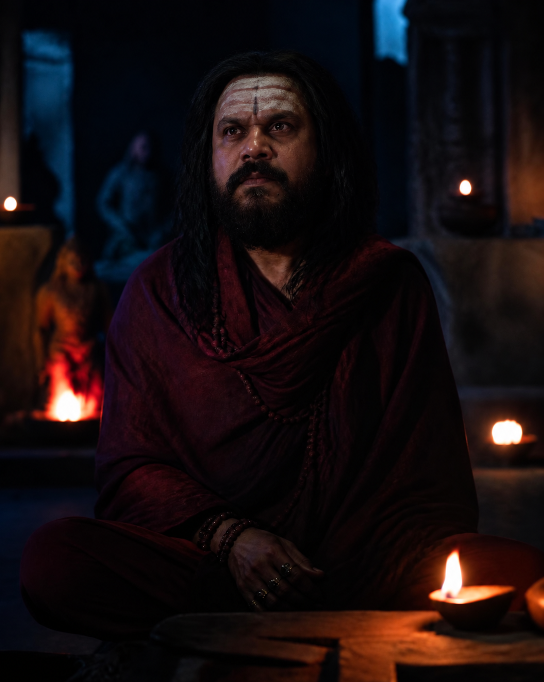 Shivay, the reader, seated by lamplight in a stone chamber