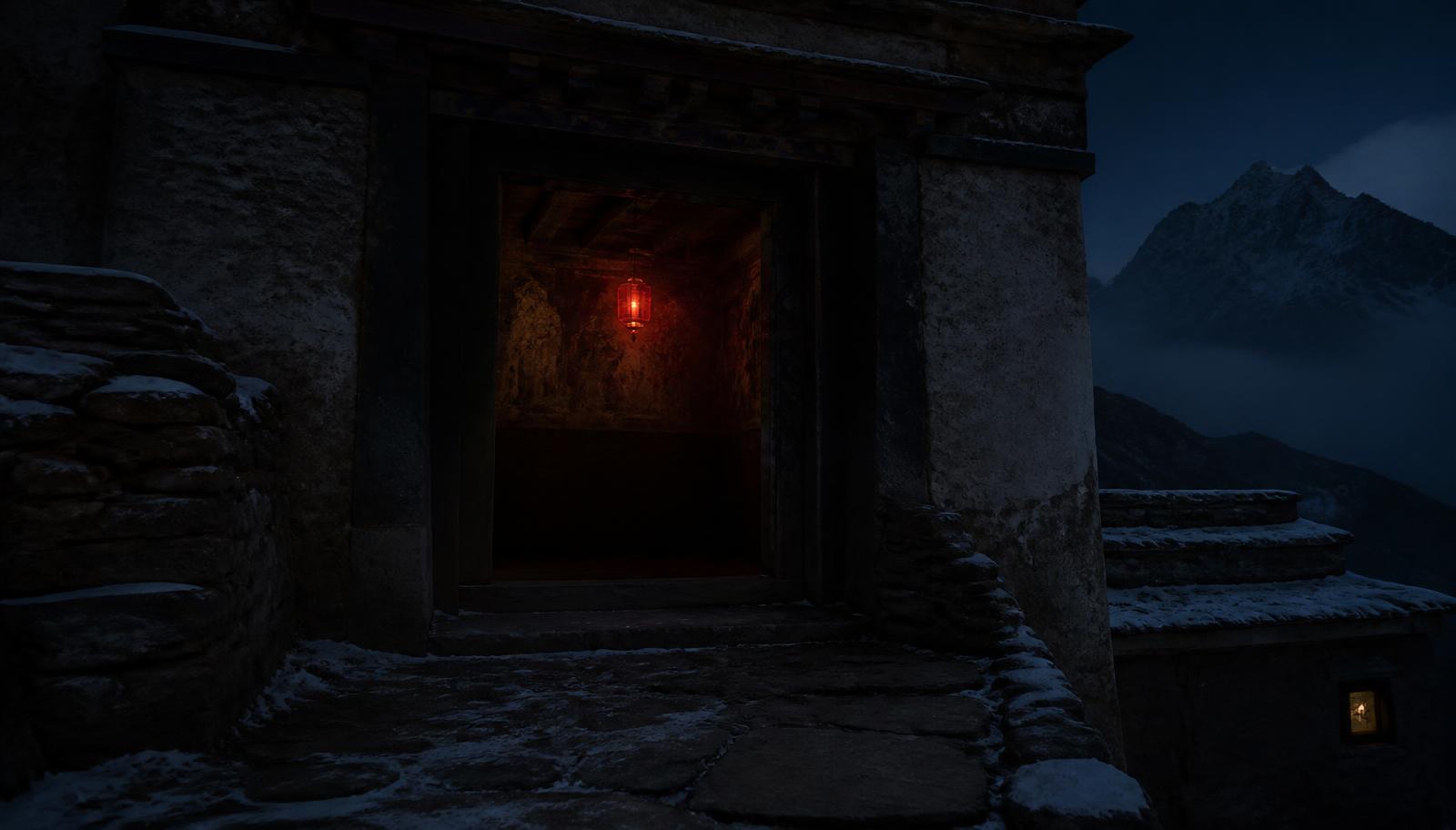 A monastery doorway at dusk with a red lantern burning inside