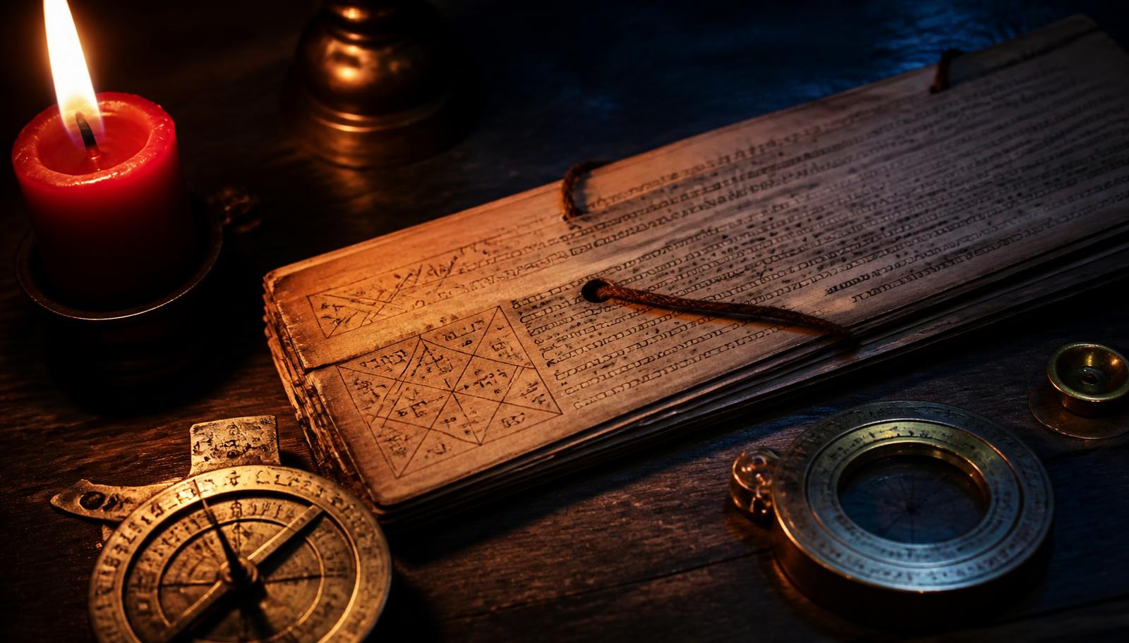 A palm-leaf horoscope, brass astrolabe and a red candle on dark wood